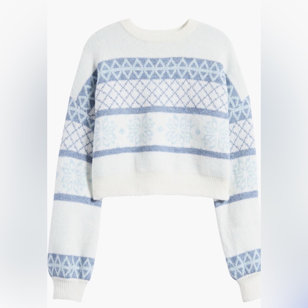 New! Pacsun Women's White and Blue Patterned Winter Sweater Cropped Medium - Picture 4 of 15